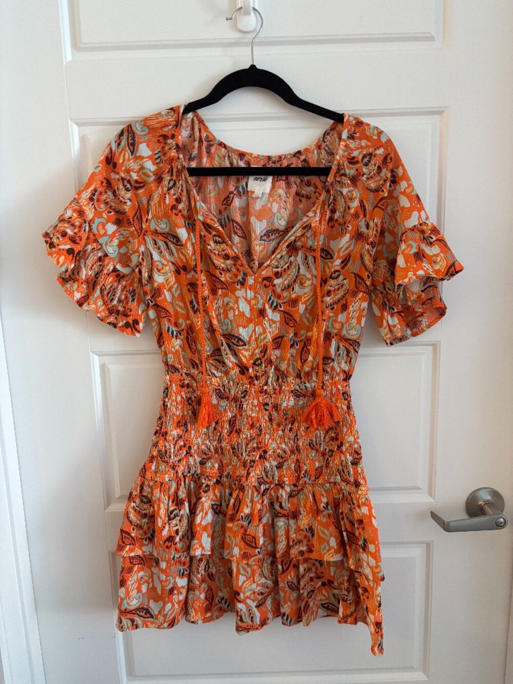 Aerie Orange Paisley Floral Smocked Ruffle Mini Dress